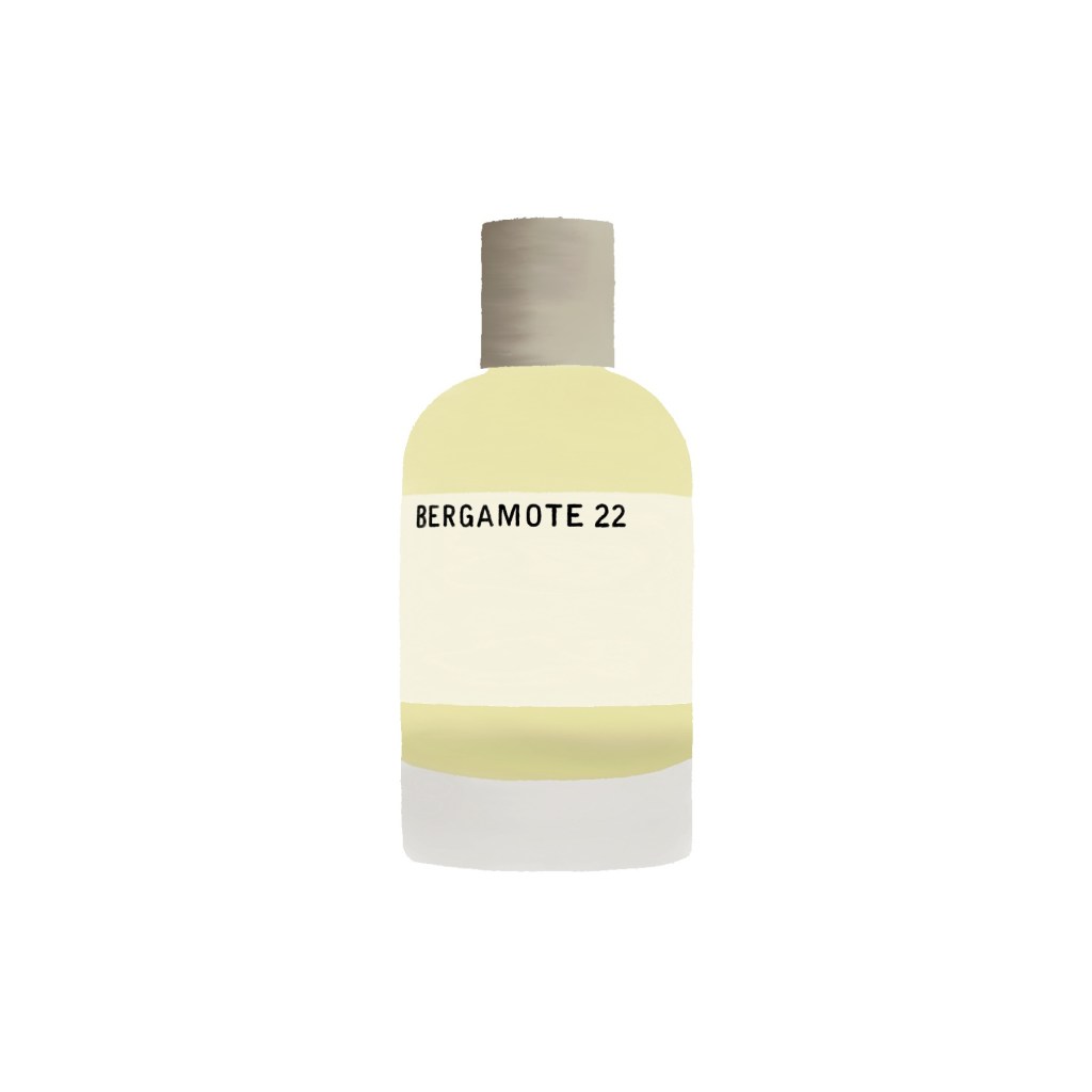 Digital illustration of Bergamote 22 by Le Labo perfume bottle.