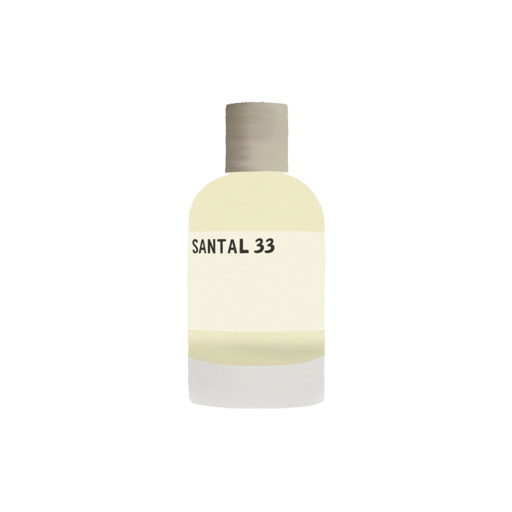 Digital illustration of Santal 33 by Le Labo perfume bottle