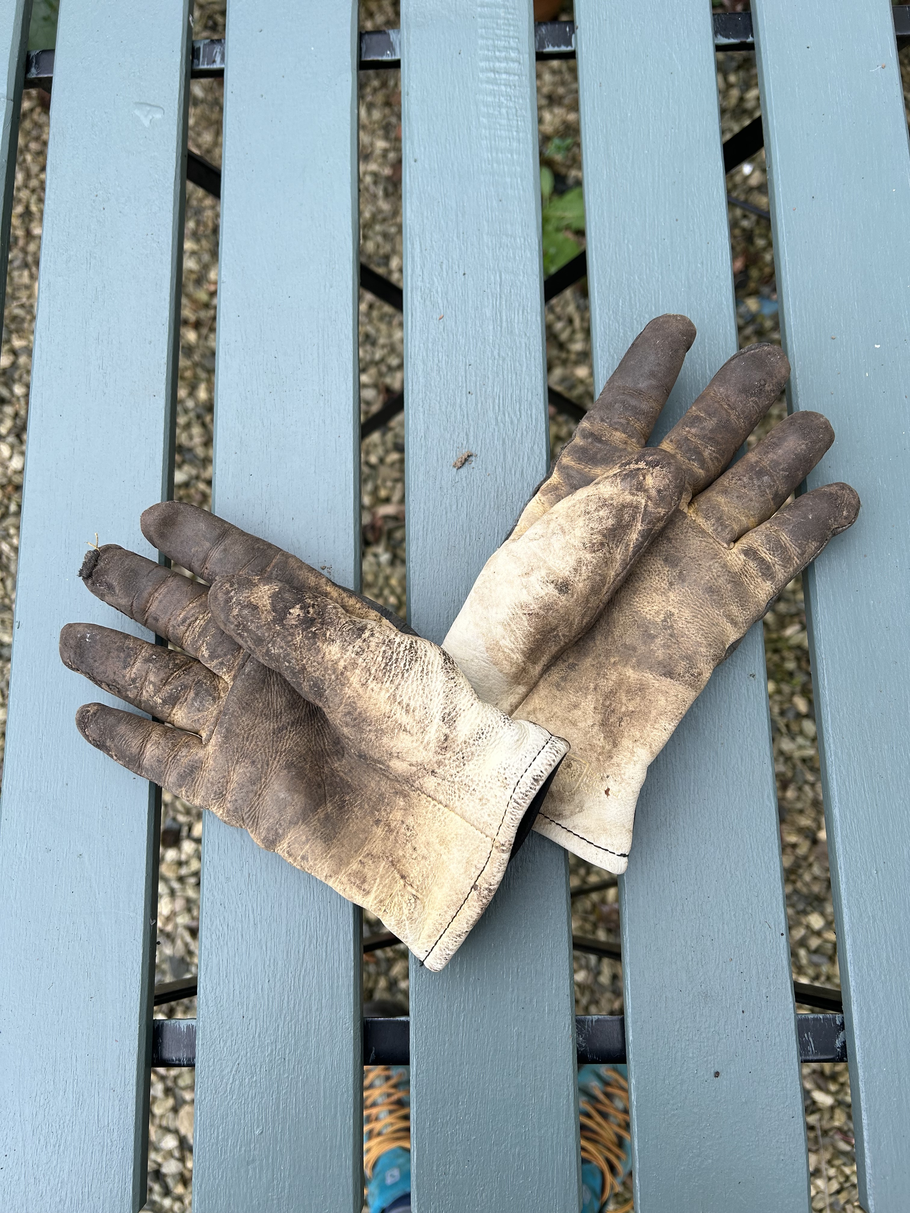 a photograph of muddy gardening gloves on a garden table.