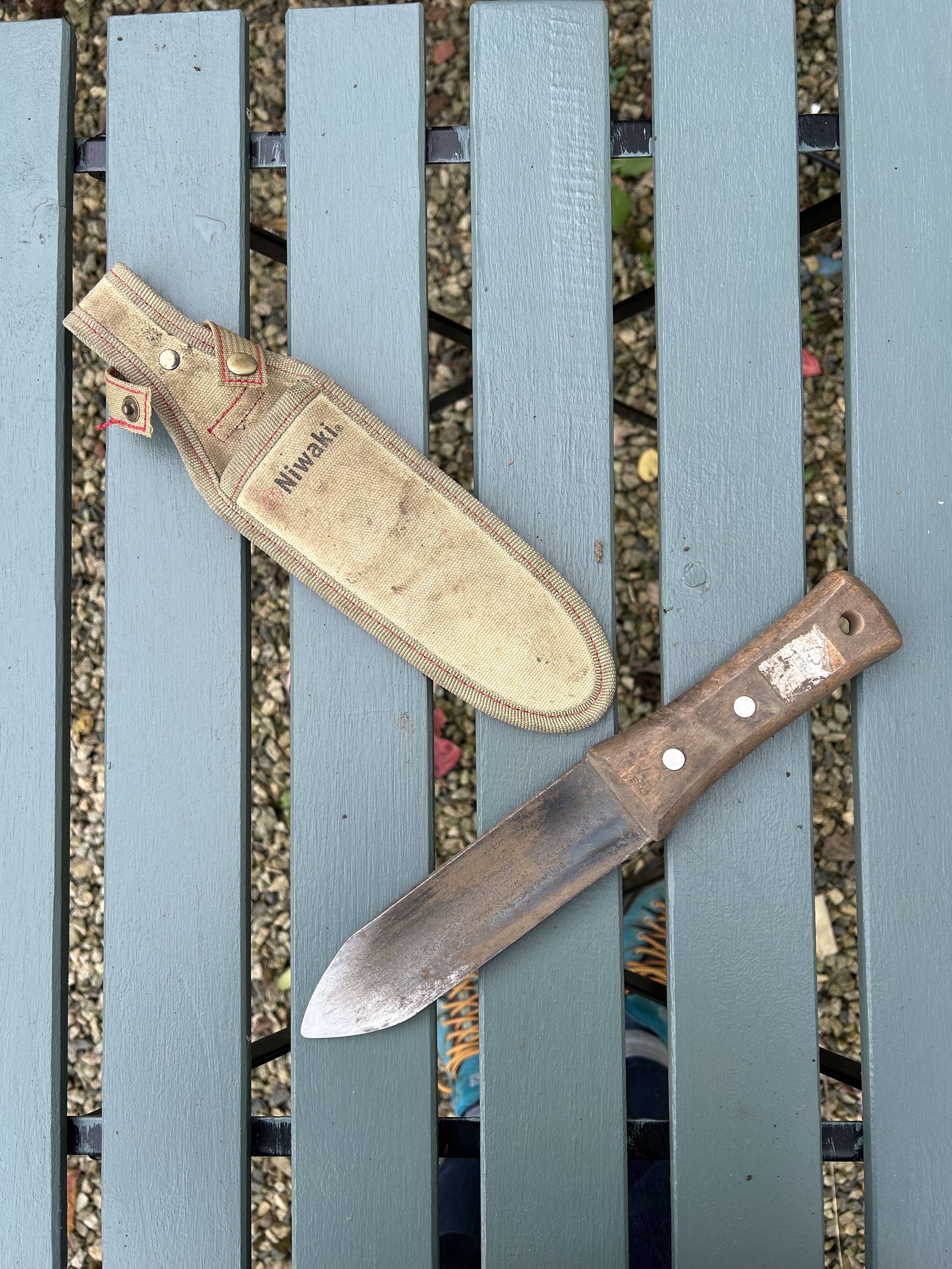 A photograph of a Hori Hori gardening knife.