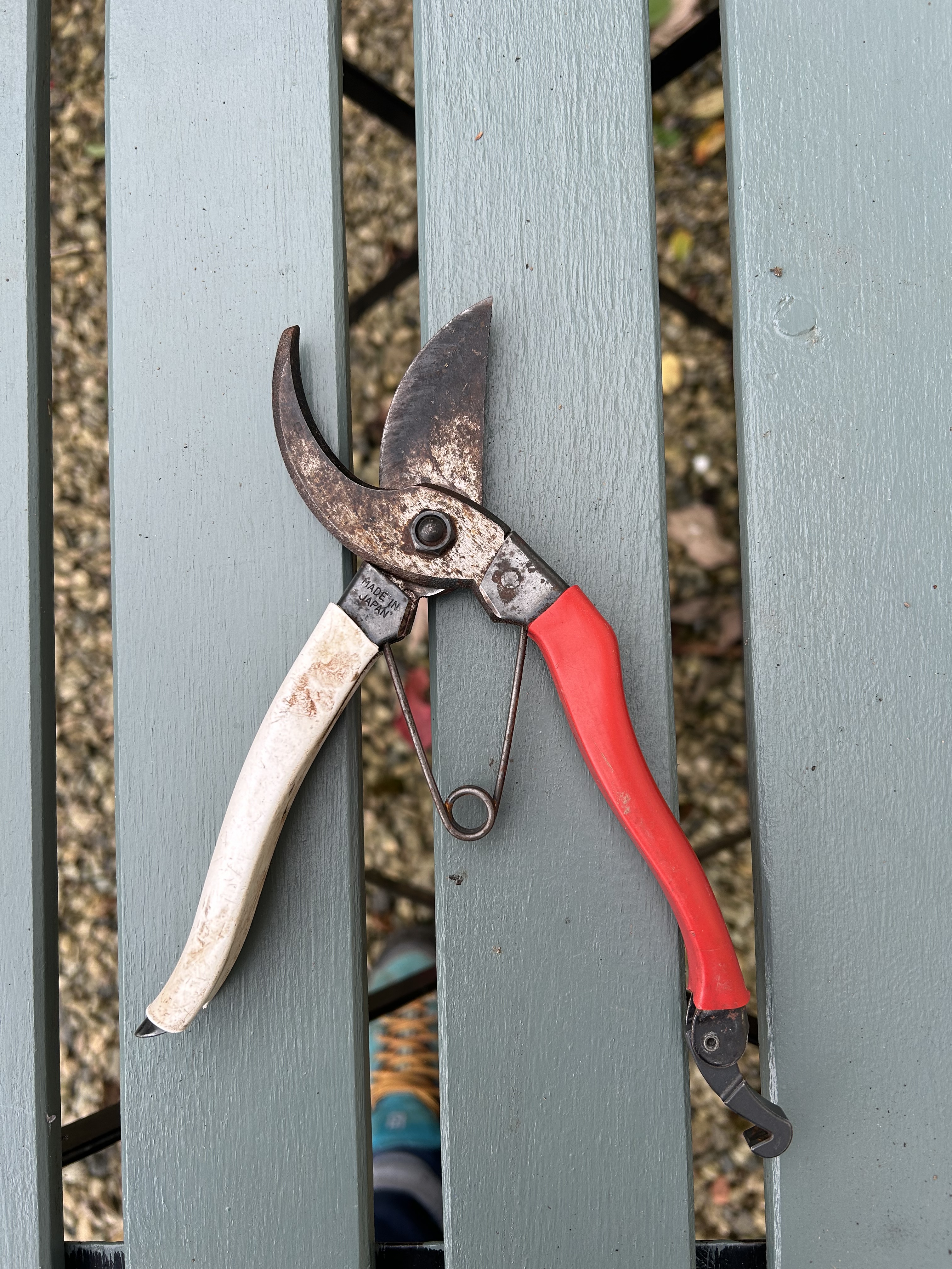 A photograph of some very worn looking secateurs. 