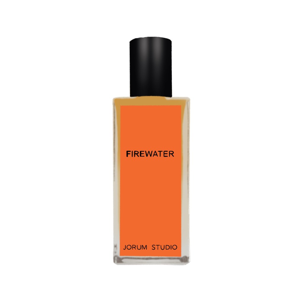 An illustration of Firewater by Jorum Studio, which has a rich orange label, black lettering and a black cap.