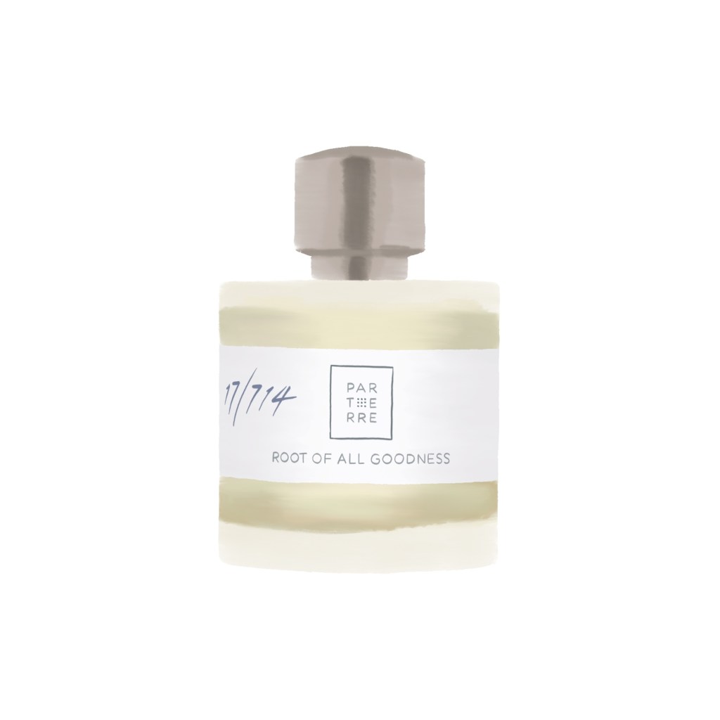 An illustration of a perfume bottle, Root Of All Goodness from Parterre in Dorset, UK.