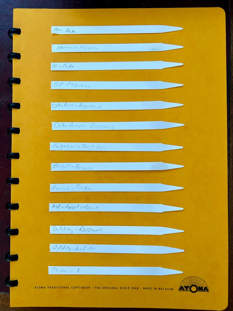 A yellow copy book with lots of white perfume blotters on. Image by Rowan Ambrose.