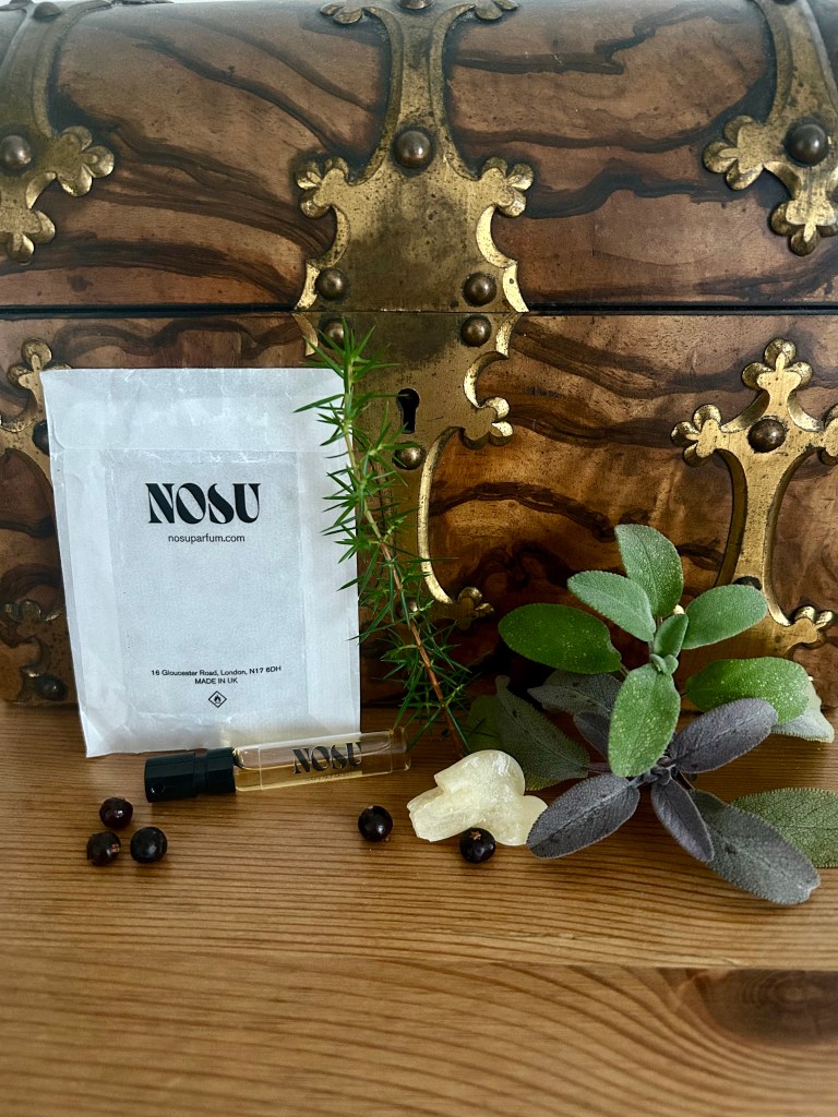 A small glass bottle of Sain No More perfume is lying on an antique pine table, in front of a small walnut treasure chest. There's a sprig of juniper, a sprig of sage, a chunk of incense and juniper berries scattered around.